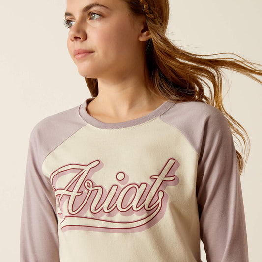 Boomerang Equestrian - Ariat Youth Pony Script Baseball Long Sleeved T Shirt Purple Dove