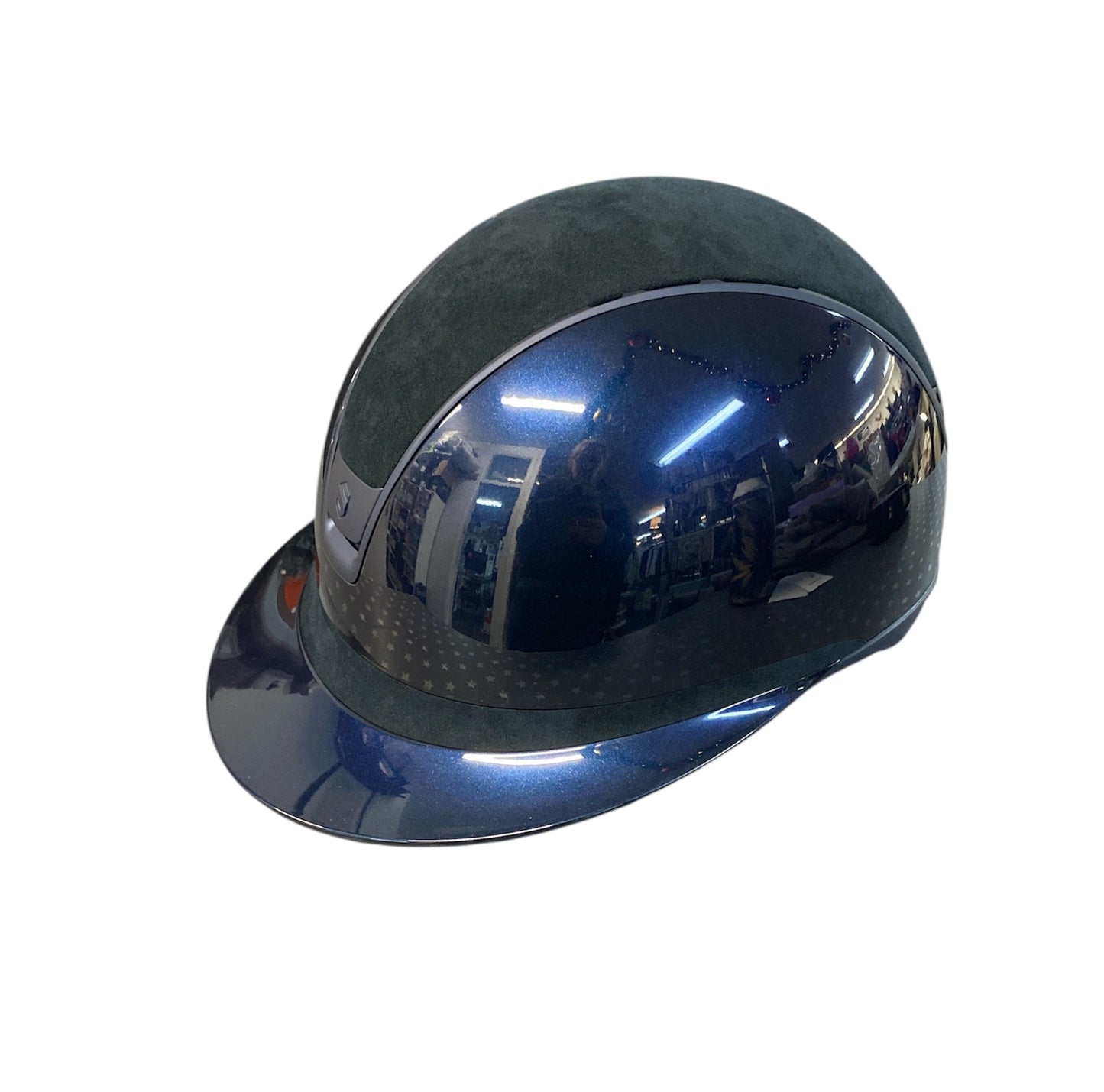 Navy glossy riding hat on a white background