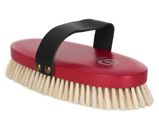 Red brush with a black handle on a white background