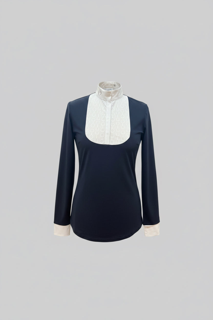 A navy blue long-sleeve top with a contrasting white mock neck and white cuffs, displayed on a mannequin torso in a clothing store.