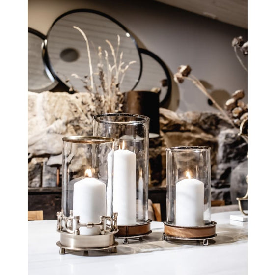 Adamsbro Hurricane Candle Holder Silver With Leather Details - SMALL - Candle Holder