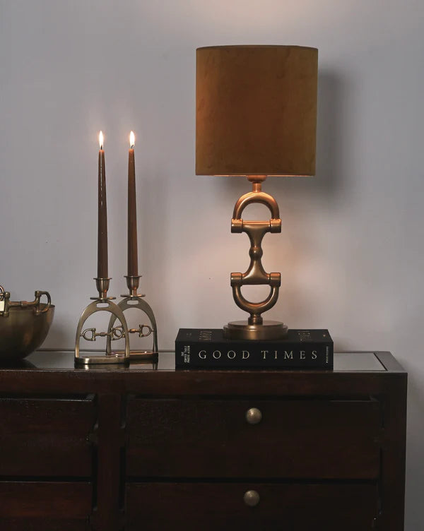 Decorative lamp with brown shade and candles on a wooden surface with 'Good Times' book.