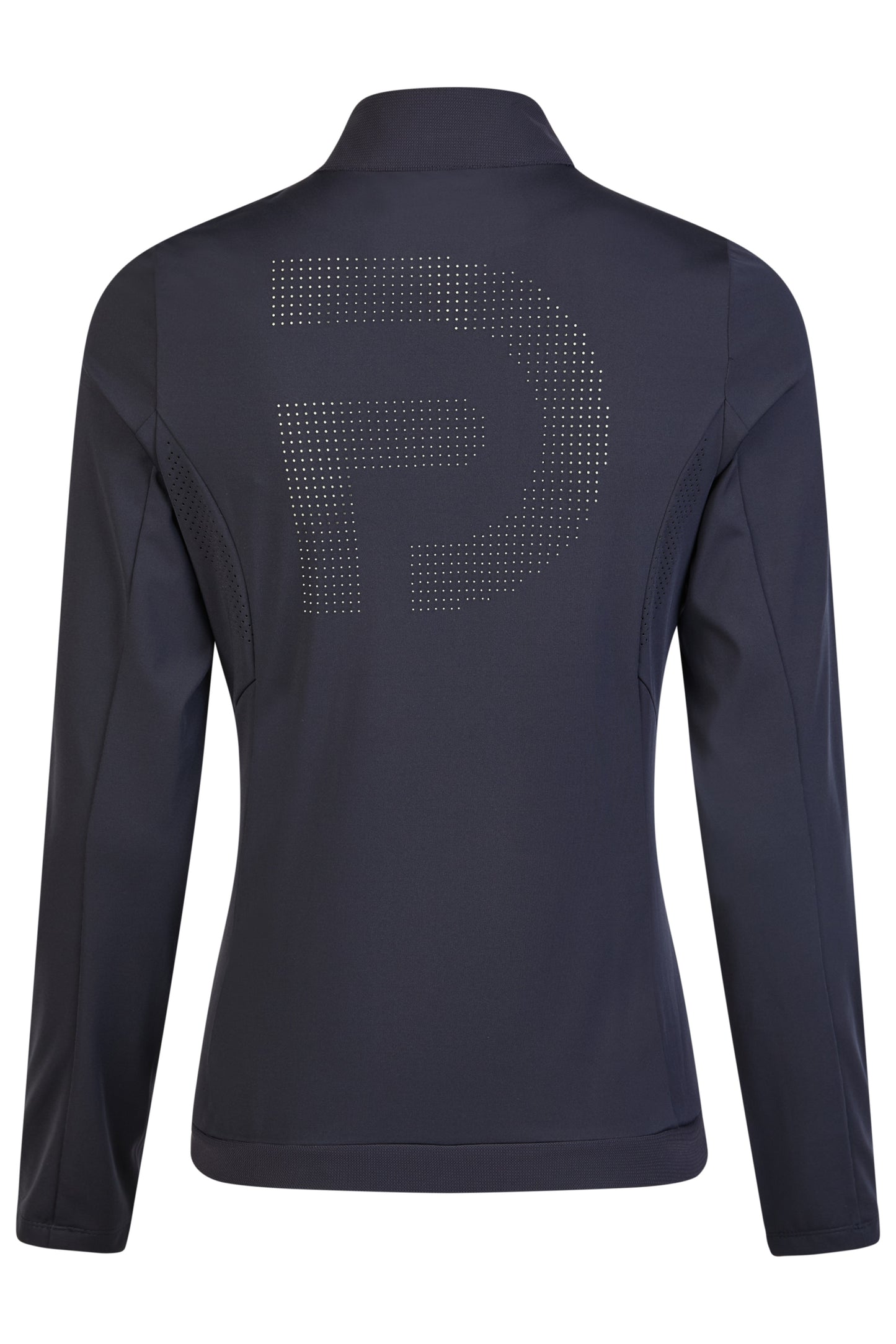 Navy blue jacket with a large 'P' logo on the back against a white background
