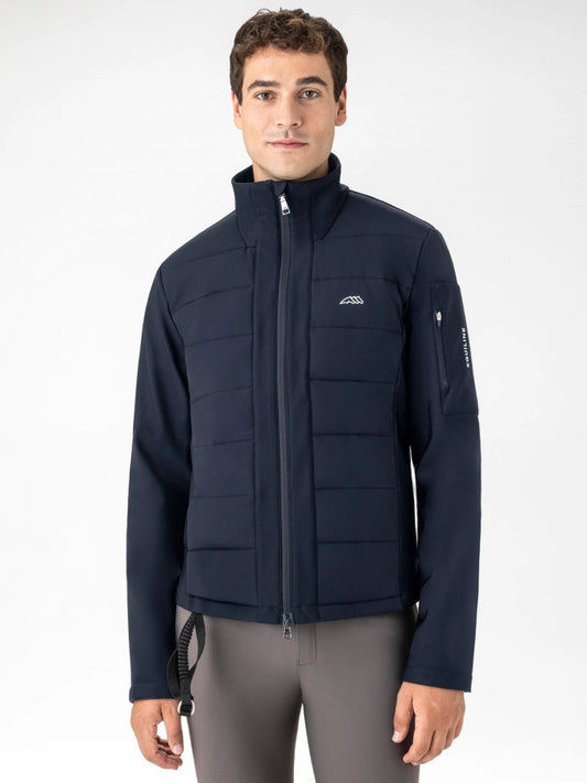 Man wearing a navy softshell jacket with Equiline branding