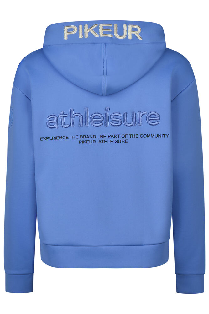 A blue pullover hoodie shown from the back, featuring 'PIKEUR' embroidered in gold on the hood and 'athleisure' in a matching blue tone on the back, with smaller text underneath.