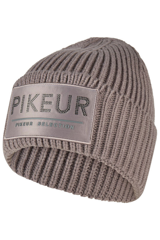 A ribbed knit beanie hat in taupe gray with a rectangular brand patch on the front reading 'PIKEUR' and 'PIKEUR SELECTION'.