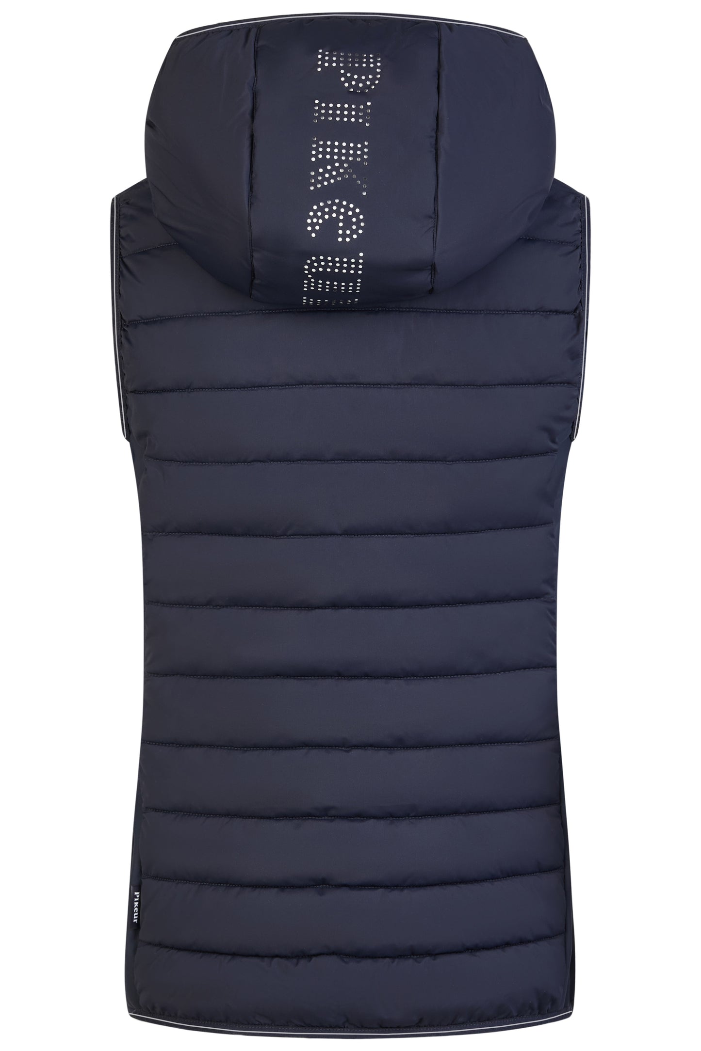 Navy blue puffer vest with brand logo on a white background