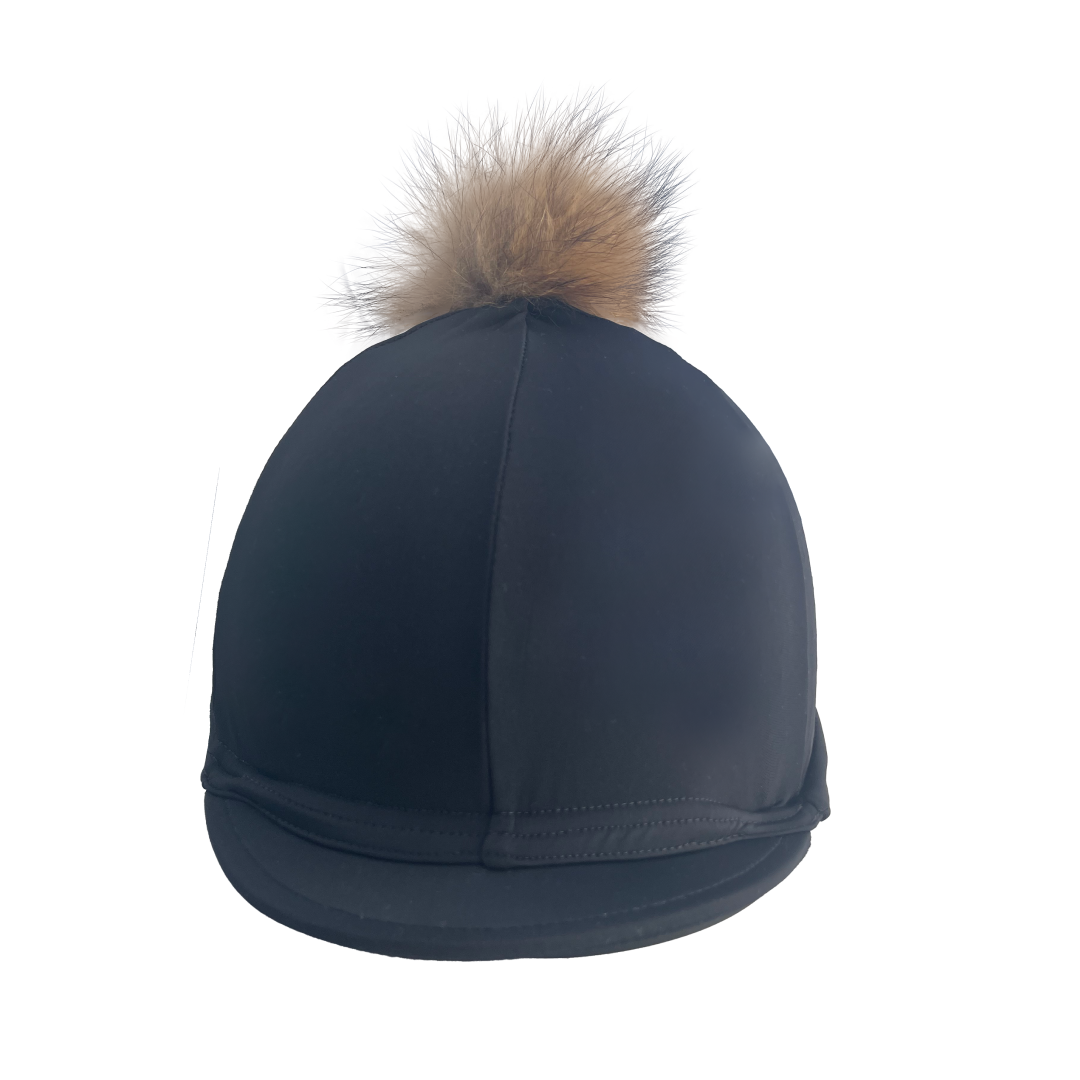 Black cap with a brown fur pom-pom on a white background