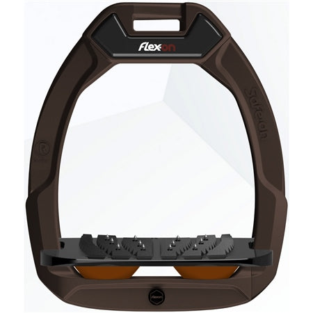 Brown equestrian stirrup with 'Flex On' branding on a white background