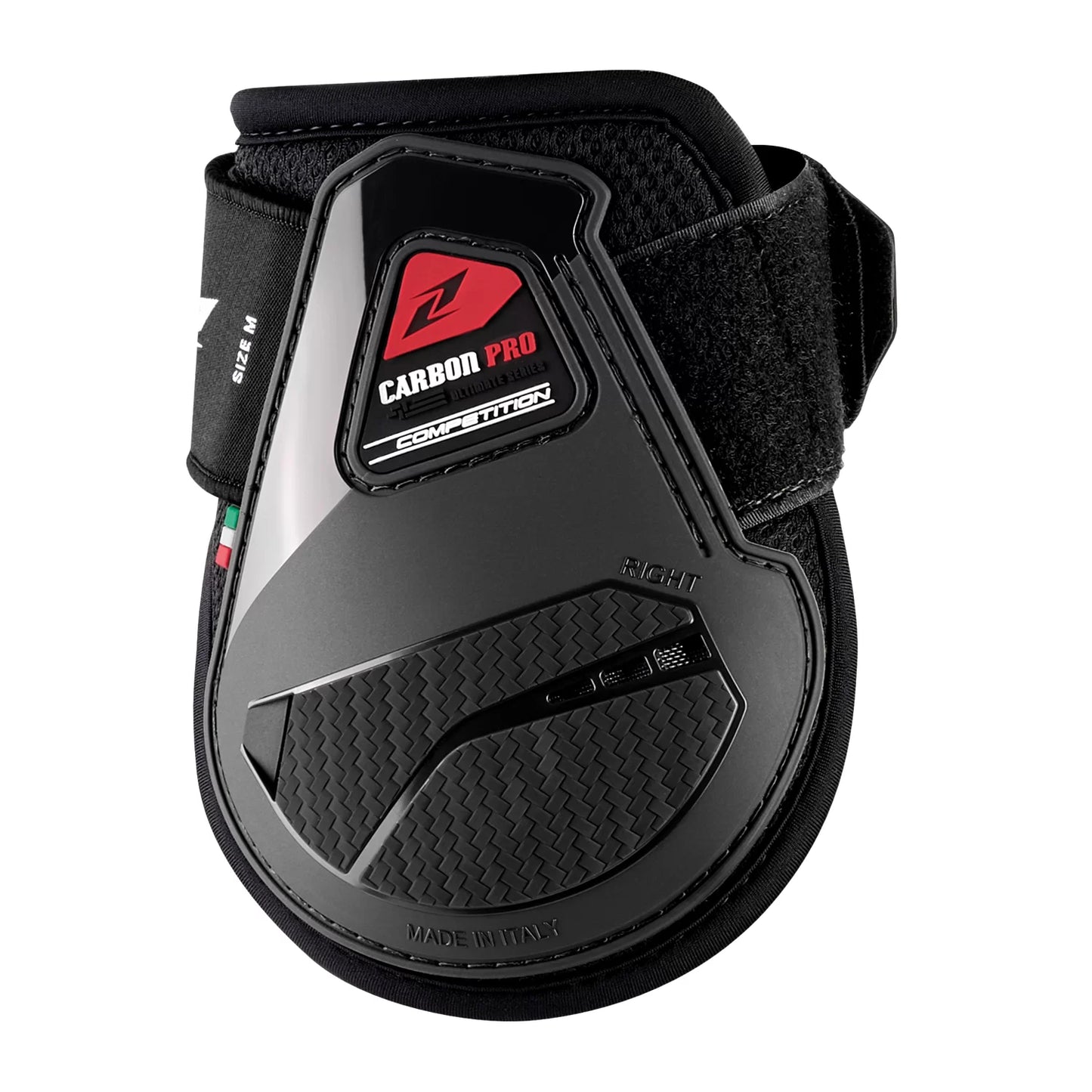 Black protective equestrian leg guard with brand logo on a white background