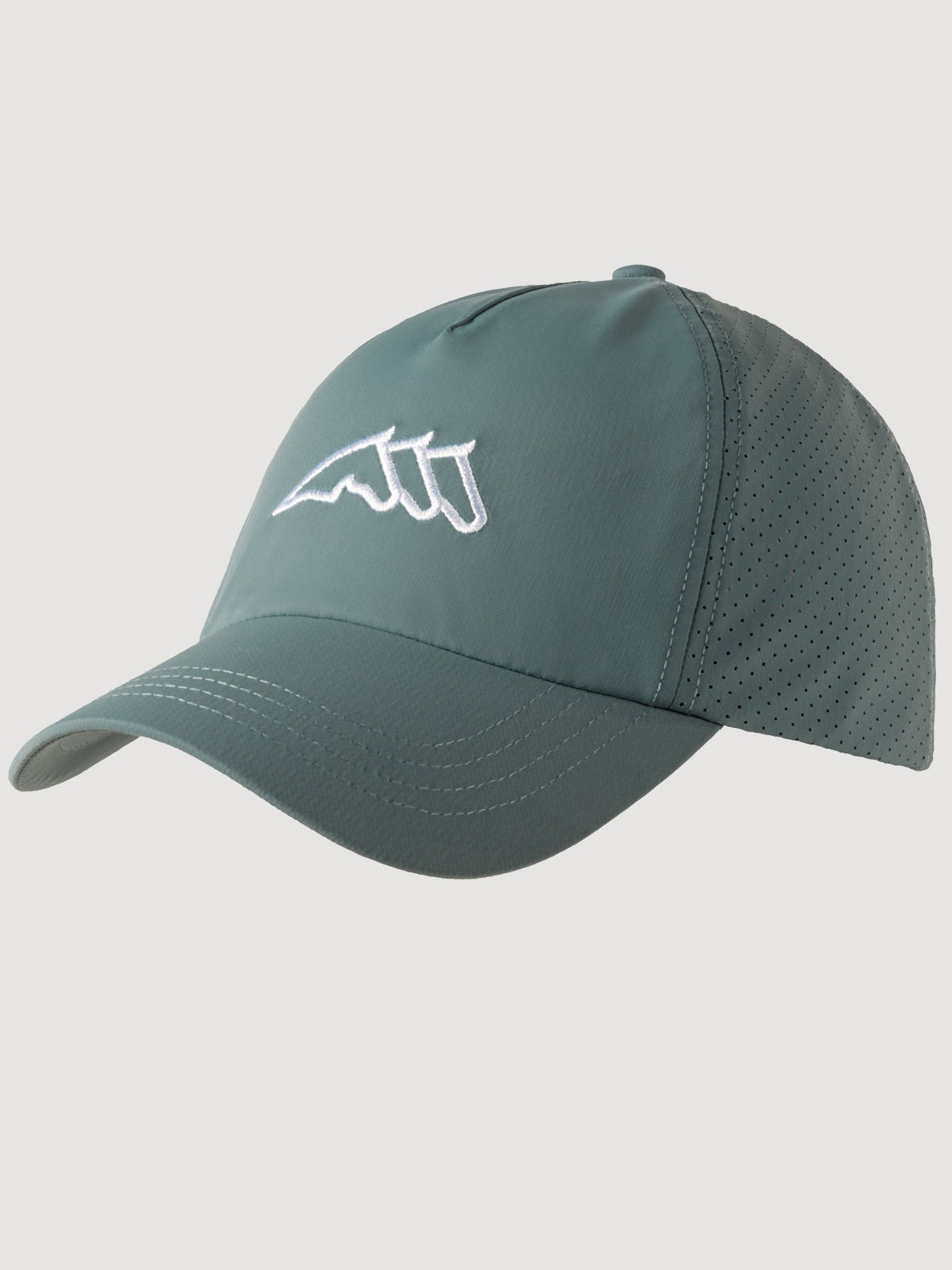 Green baseball cap with a logo on a light gray background