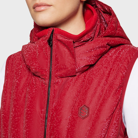 Red hooded jacket with a brand logo on a white background