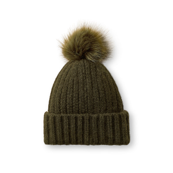 An olive green ribbed knit beanie hat with a matching faux fur pom-pom on top, shown against a plain white background.