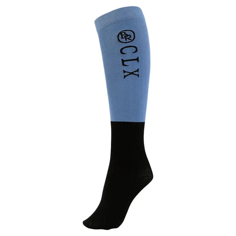Knee-high sock with blue top and black bottom on a white background