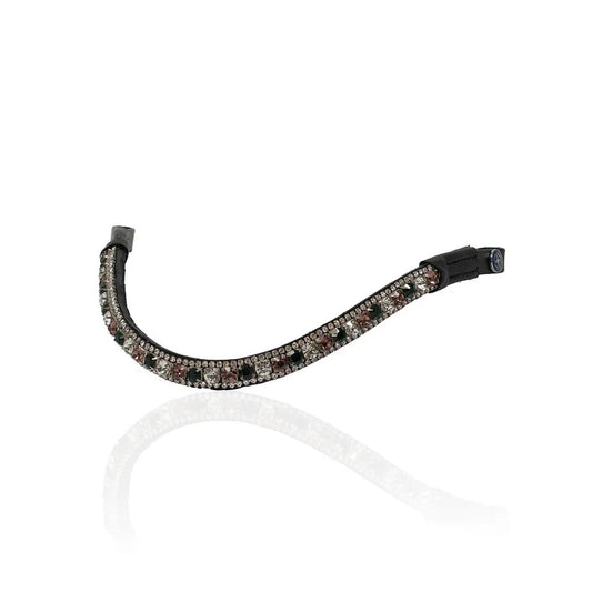 An equestrian riding crop or bit with a black leather base and a curved row of clear rhinestones, set against a plain white background with a soft reflection.