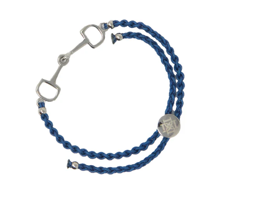 Bracelet with blue rope and silver horse bit charm on a white background