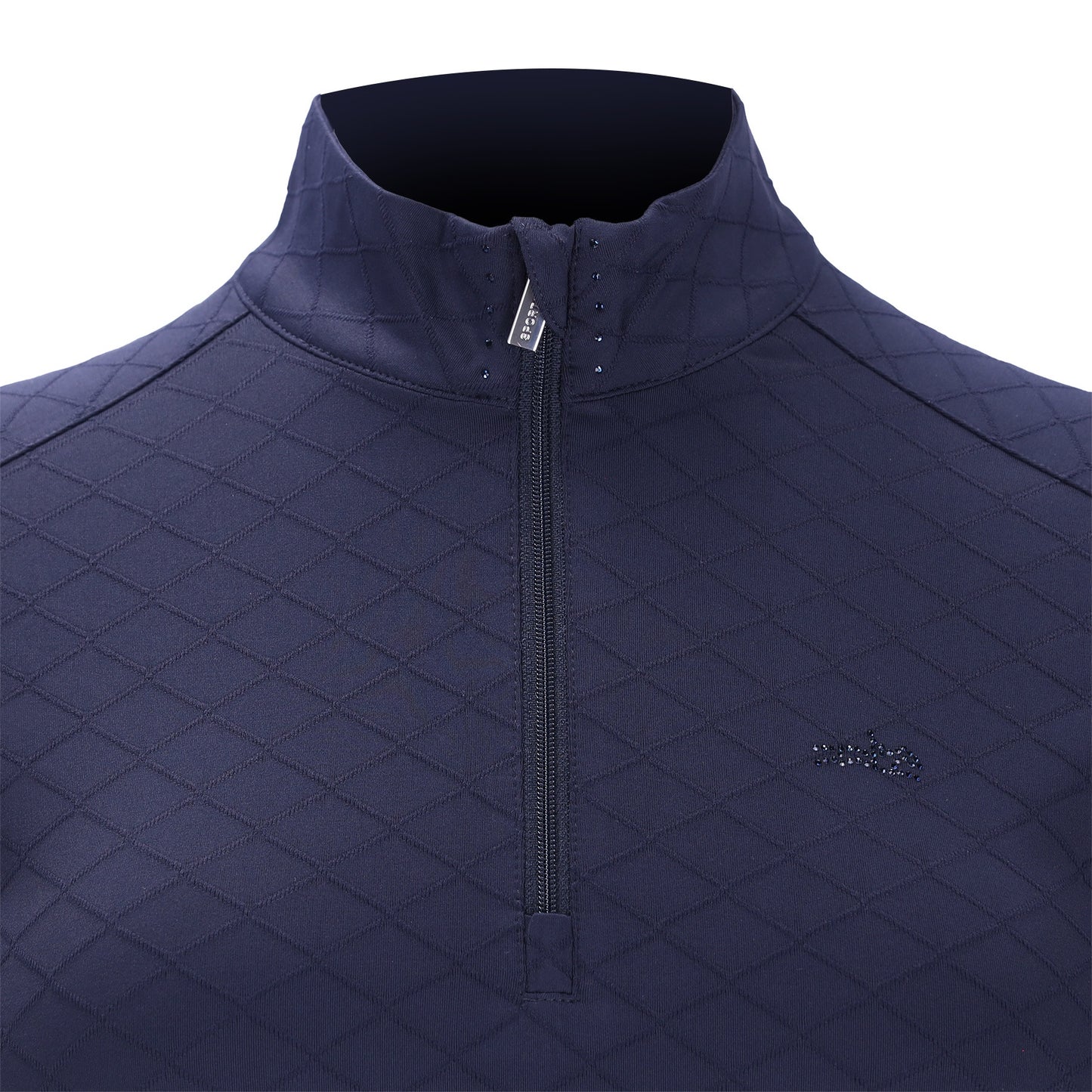 A close-up of a dark navy quilted quarter-zip baselayer, showing the diamond-patterned fabric texture, a high collar, and a small embroidered logo on the left chest.