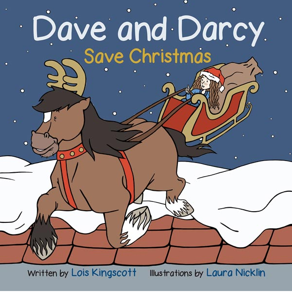 Book cover of 'Dave and Darcy Save Christmas' with a horse and sleigh illustration.