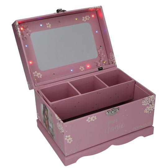 Pink jewelry box with floral designs and LED lights on a white background