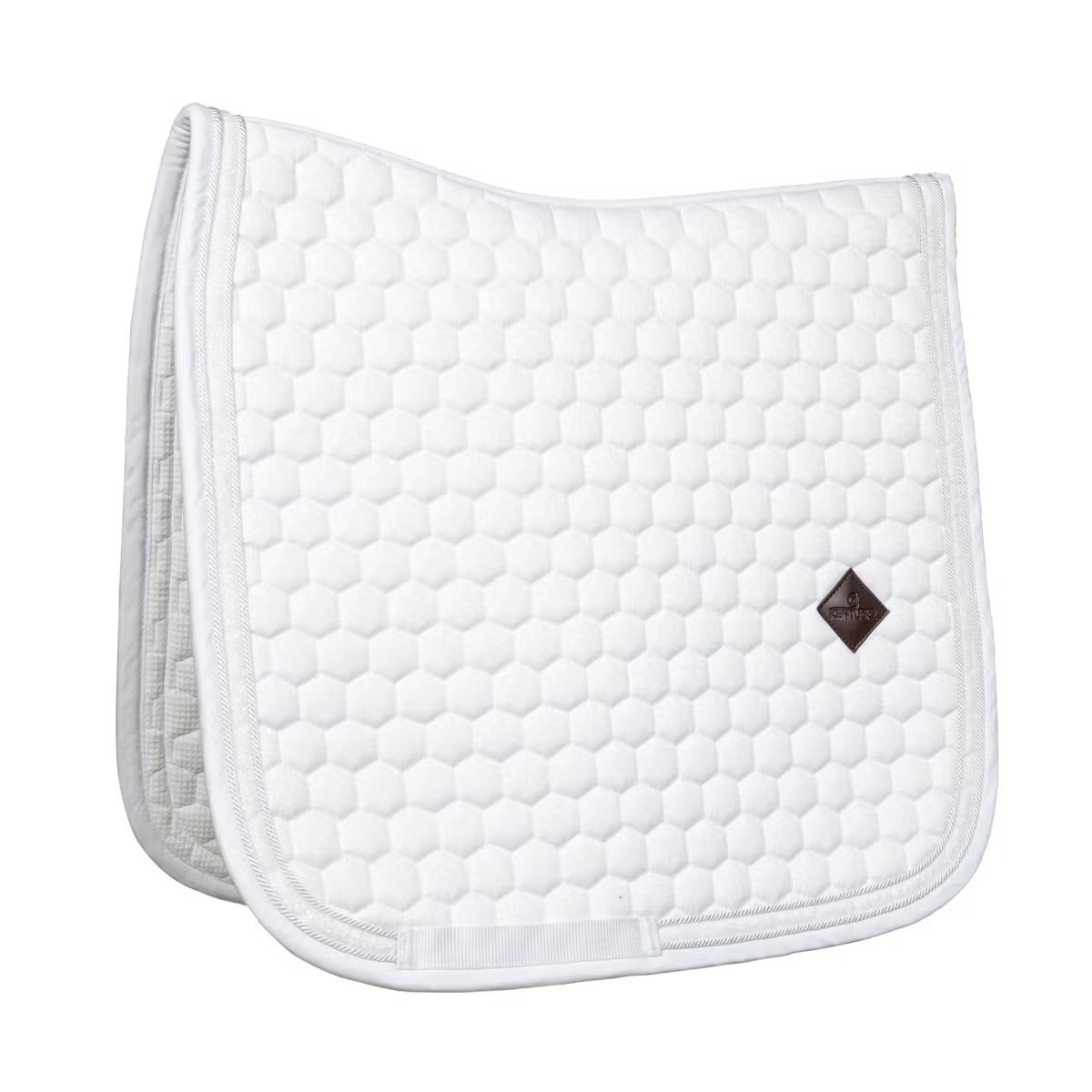 White quilted saddle pad with a brand logo on a white background