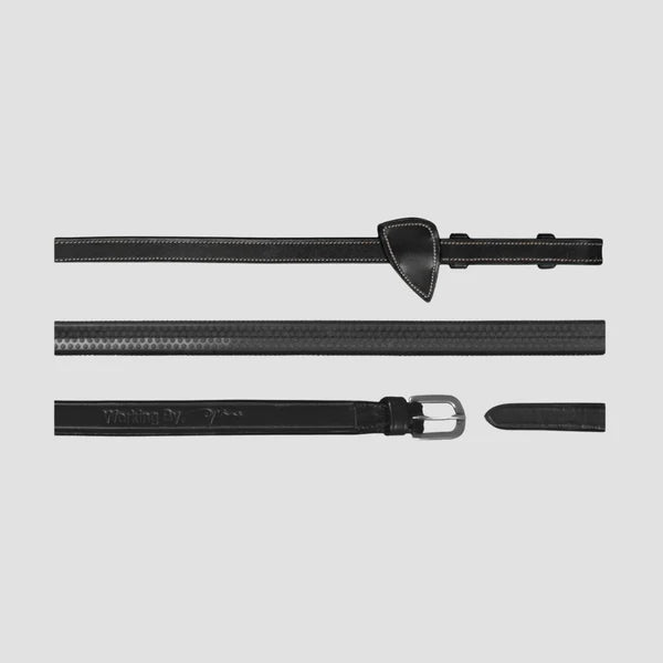 Set of black leather belts with buckles on a light gray background