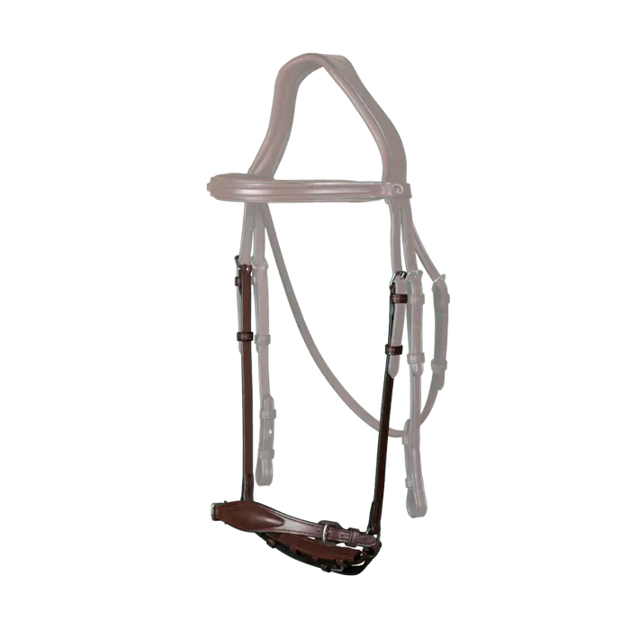 An adjustable brown drop noseband with a padded protective leather backing, compatible with New English Collection headpieces.