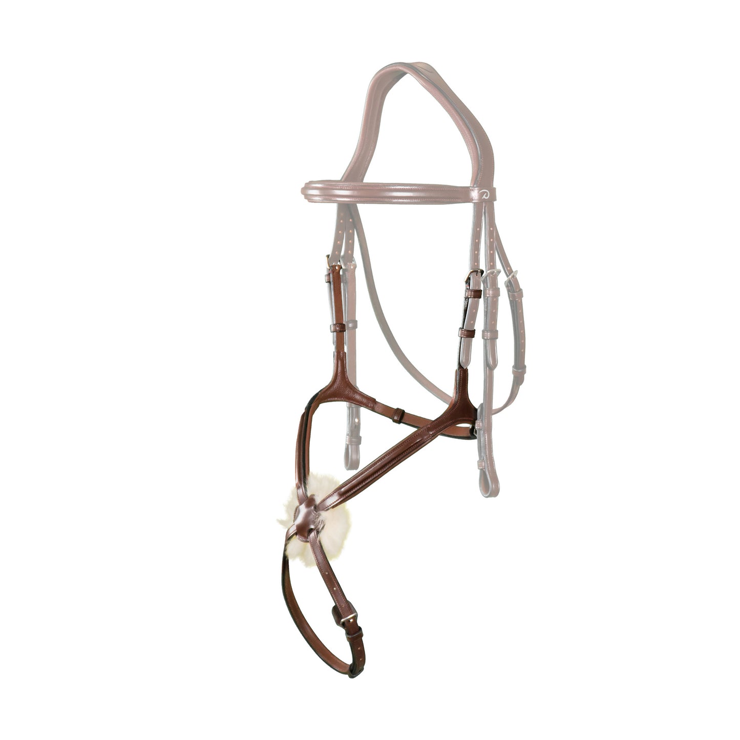A brown grackle noseband with decorative topstitching, figure 8 noseband without rings, and compatibility with headpieces from the New English Collection.
