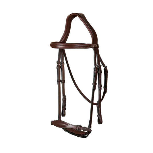 A brown horse wearing a DY'ON adjustable drop noseband bridle from the New English Collection.