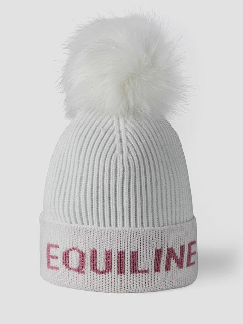 A ribbed knit pom-pom beanie in white with a fluffy white pom-pom on top and the word 'EQUILINE' in pink lettering on the folded cuff, shown against a light gray background.