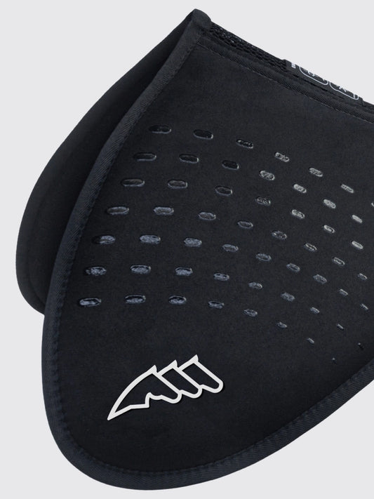 Black saddle pad with a logo on a white background