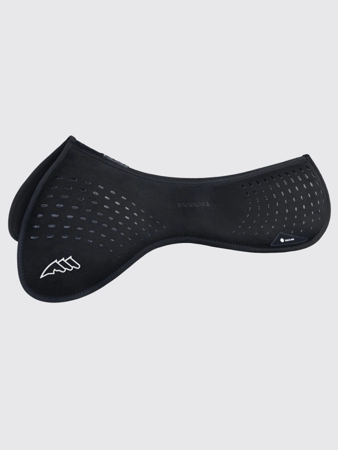 Black equestrian saddle pad on a light gray background