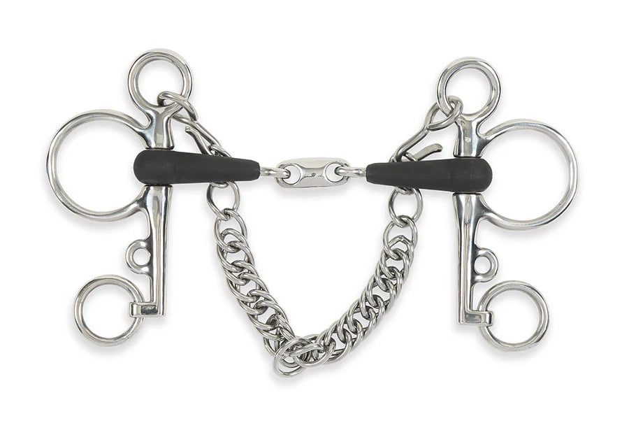Metal horse bit with chain on a white background