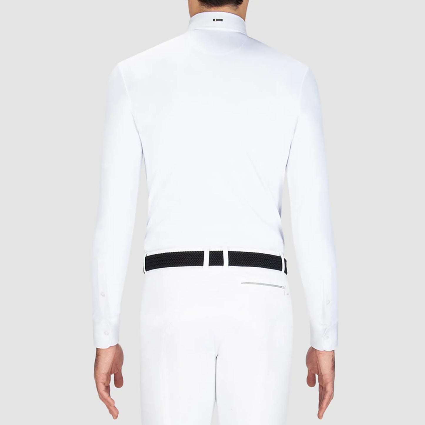 Back of a white competition shirt on a white background
