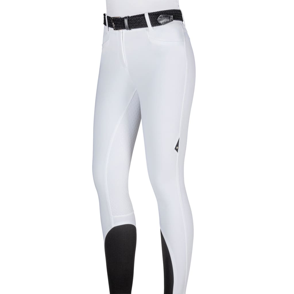 A pair of white Equiline Adellek full grip breeches for ladies, showing the front view with a belt and black details at the knee area.