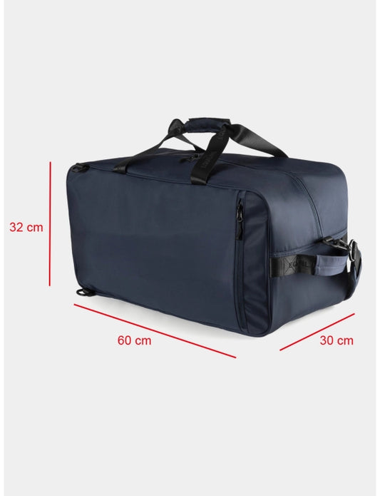 Navy blue duffel bag with dimensions marked on a white background
