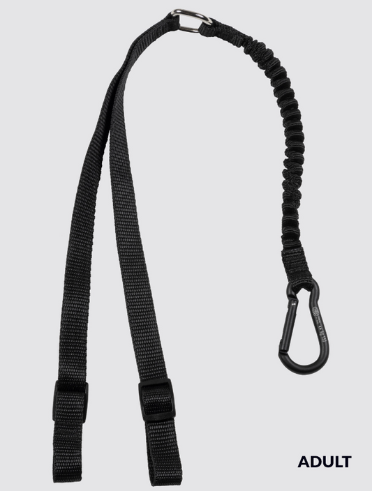 A black adjustable nylon webbing strap with a coiled bungee cord, metal quick-release buckle, and black carabiner clip, shown on a light gray background with the word 'ADULT' in the bottom right corner.