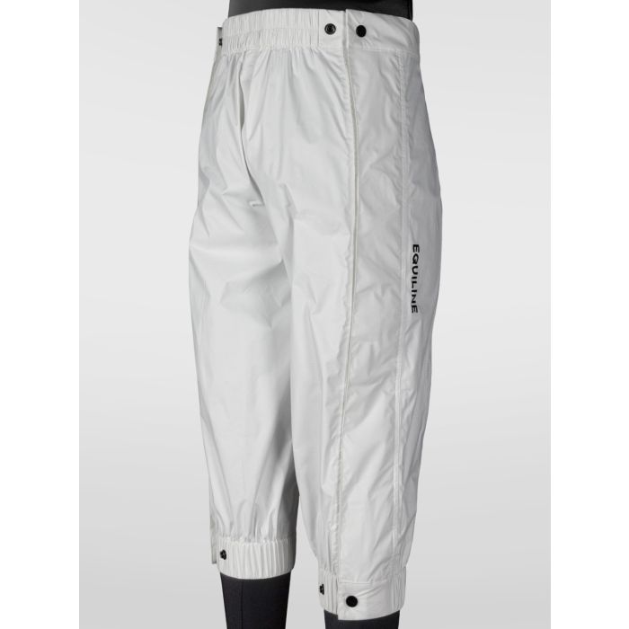 man wearing white equiline waterproof pants with logo on a white background