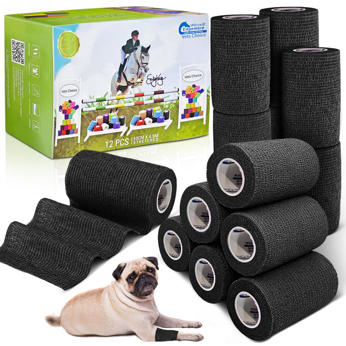 Black rolls of tape in front of a box with a horse jumping over a fence and a dog lying on the floor with a bit of tape over his leg