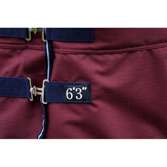 Front buckles of a burgundy turnout rug