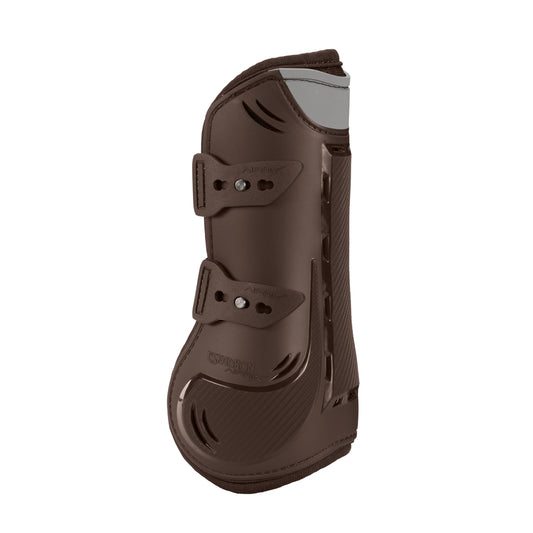 Brown protective equestrian leg guard on a white background