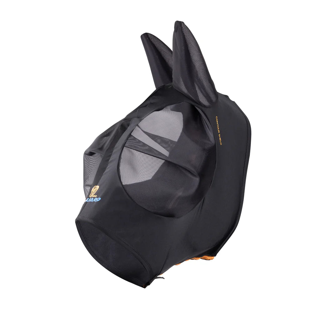 Black fly mask with mesh design on a white background