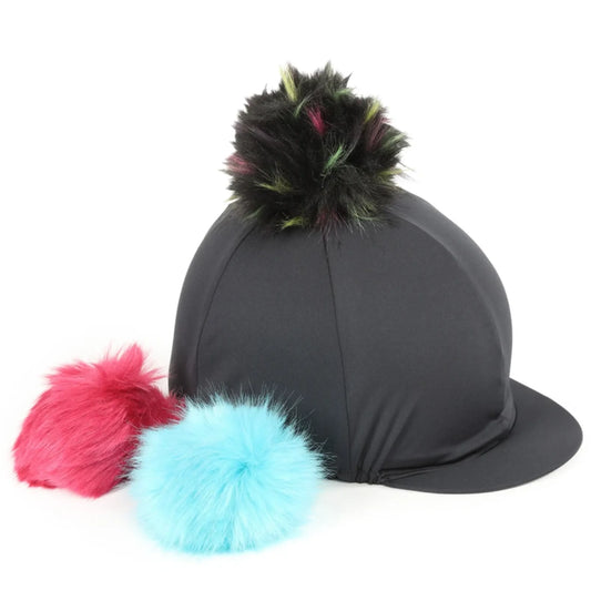 Gray riding helmet with colorful pom-poms on a white background