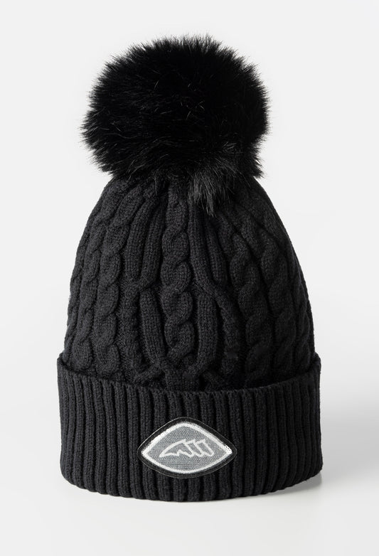 Black knit beanie with pom-pom on a white background