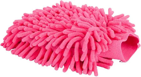 Pink microfiber cleaning mitt on a white background