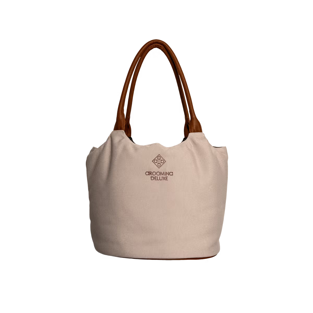 Beige tote bag with brown handles on a white background
