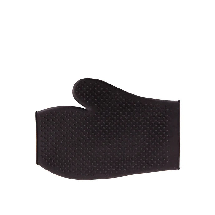 Black rubber grooming mitt on a white background