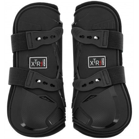 Pair of black protective horse boots with XTR logo on a white background