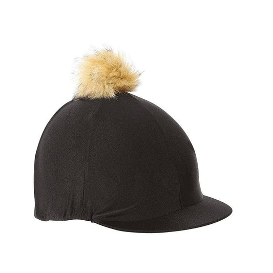Black riding helmet with a tan fur pom-pom on a white background