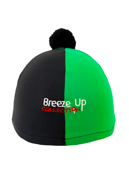 Black and green hat silk with 'Breeze Up Collection' logo on a white background