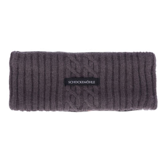 Dark gray knitted headband with a brand label on a white background